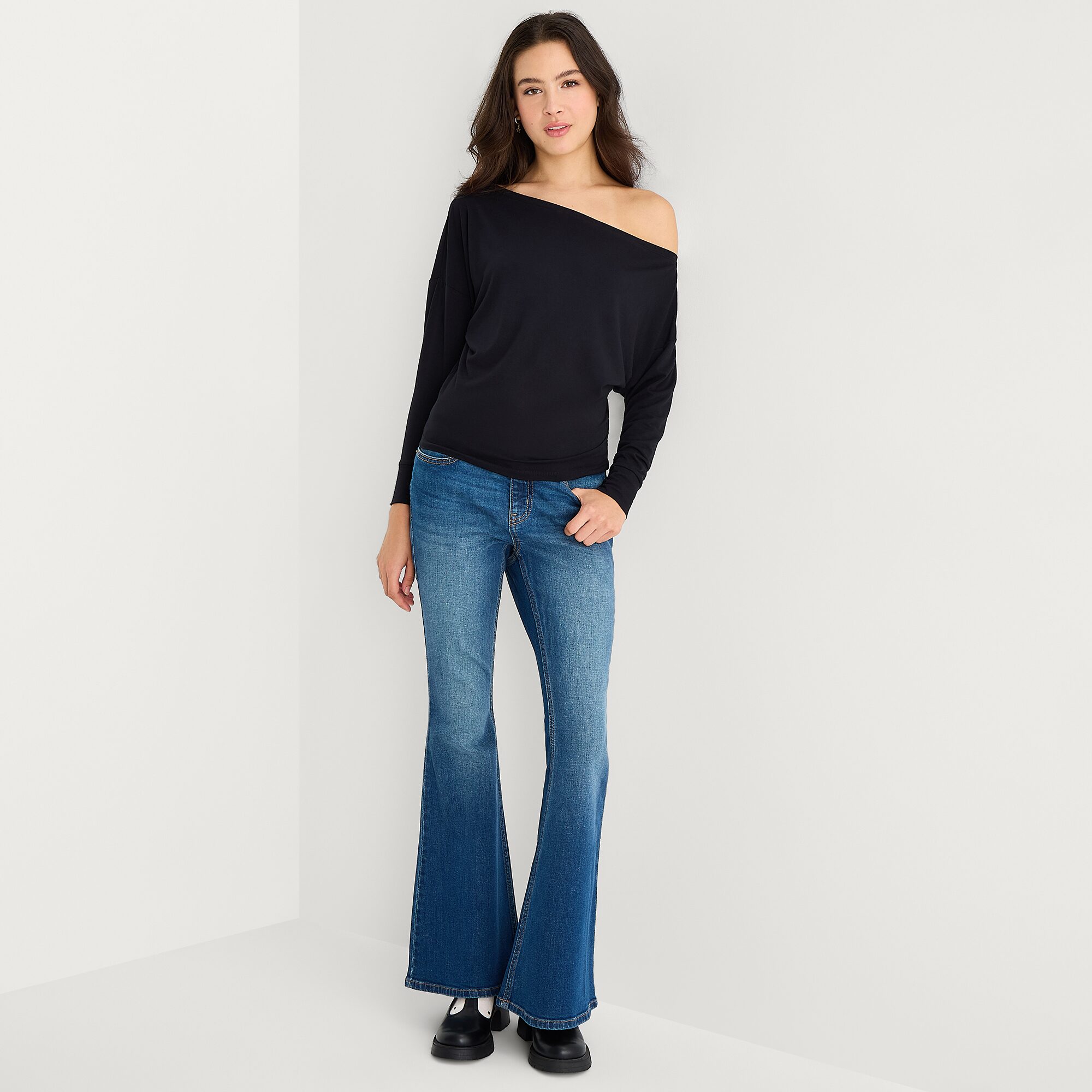 Arizona Womens Juniors Asymmetrical Neck Long Sleeve Blouse