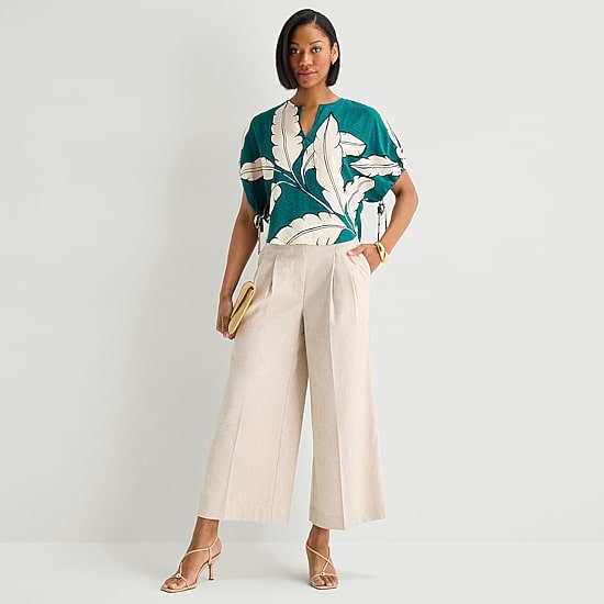 Worthington Womens Split Crew Neck Elbow Sleeve Blouse