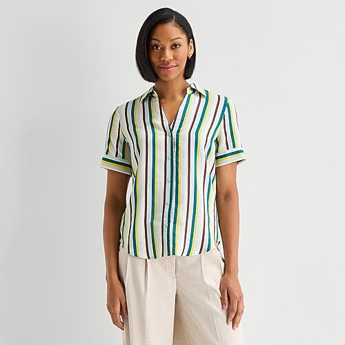 Worthington Womens Cuffed Short Sleeve Regular Fit Button-down Shirt In White