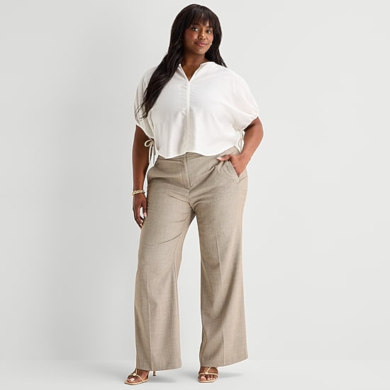 Worthington Womens Plus Split Crew Neck Elbow Sleeve Blouse