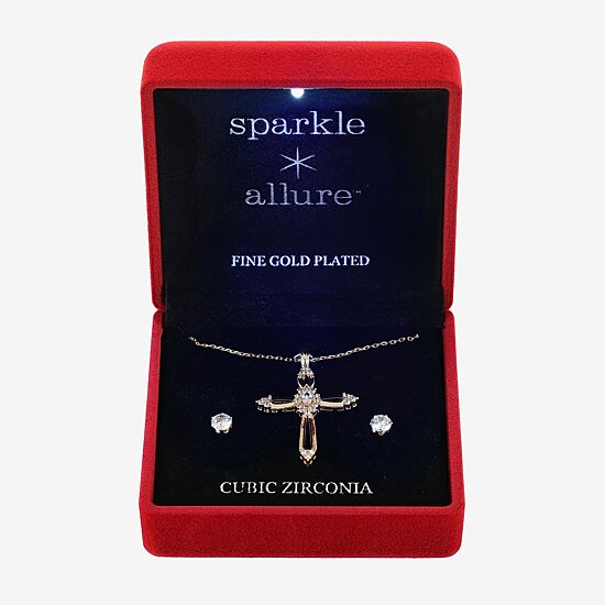 Sparkle Allure Light Up Box Womens Cubic Zirconia 14K Gold Over Brass Cross 2-pc. Jewelry Set