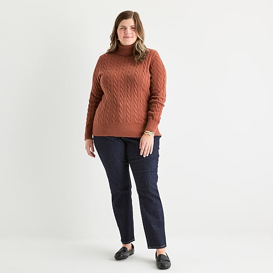 St. John's Bay Plus Womens Turtleneck Long Sleeve Cable Knit Pullover Sweater