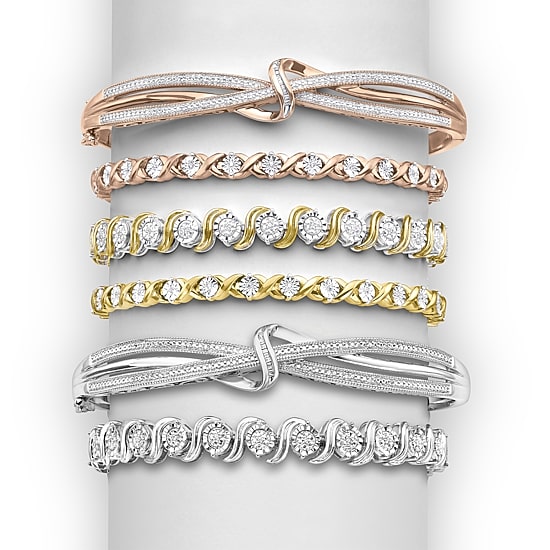 1/10 CT. T.W. Diamond Crossover Bangle Bracelet in Sterling Silver or 14K Gold Over Silver