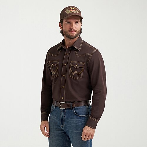 Wrangler Retro Woven Mens Long Sleeve Regular Fit Button-Down Shirt, Large, Brown