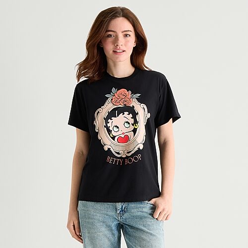 Mad Engine Betty Boop Boyfriend Tee Womens Juniors Crew Neck Short Sleeve Loose Fit Betty Boop Graphic T-shirt In Black