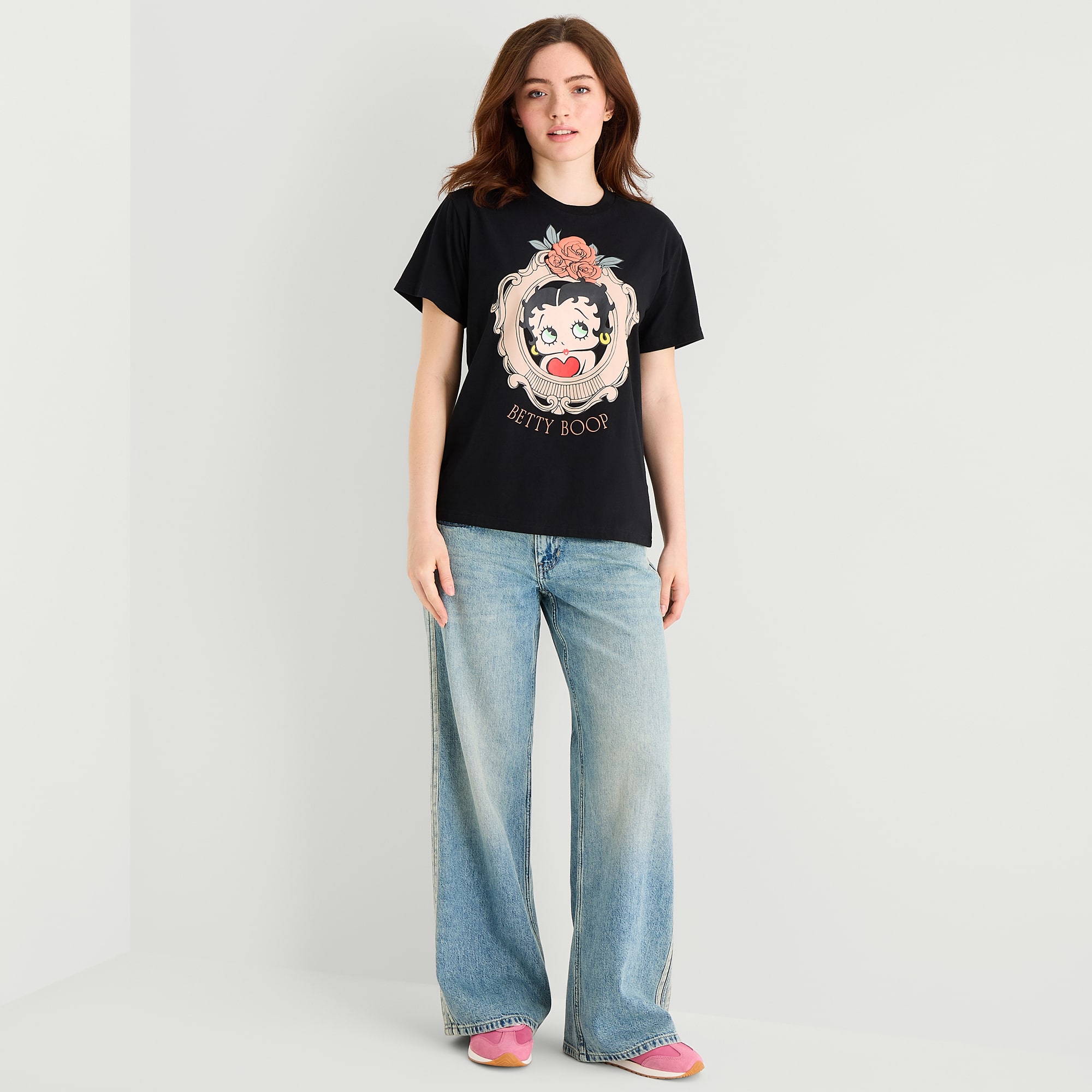 Womens Juniors Crew Neck Short Sleeve Loose Fit Betty Boop Graphic T-Shirt