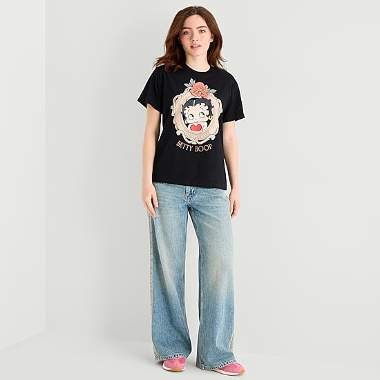 Womens Juniors Crew Neck Short Sleeve Loose Fit Betty Boop Graphic T-Shirt