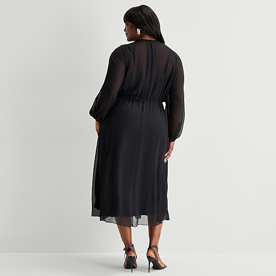Premier Amour Womens Plus V Neck Long Sleeve Puffed Chiffon Maxi Dress