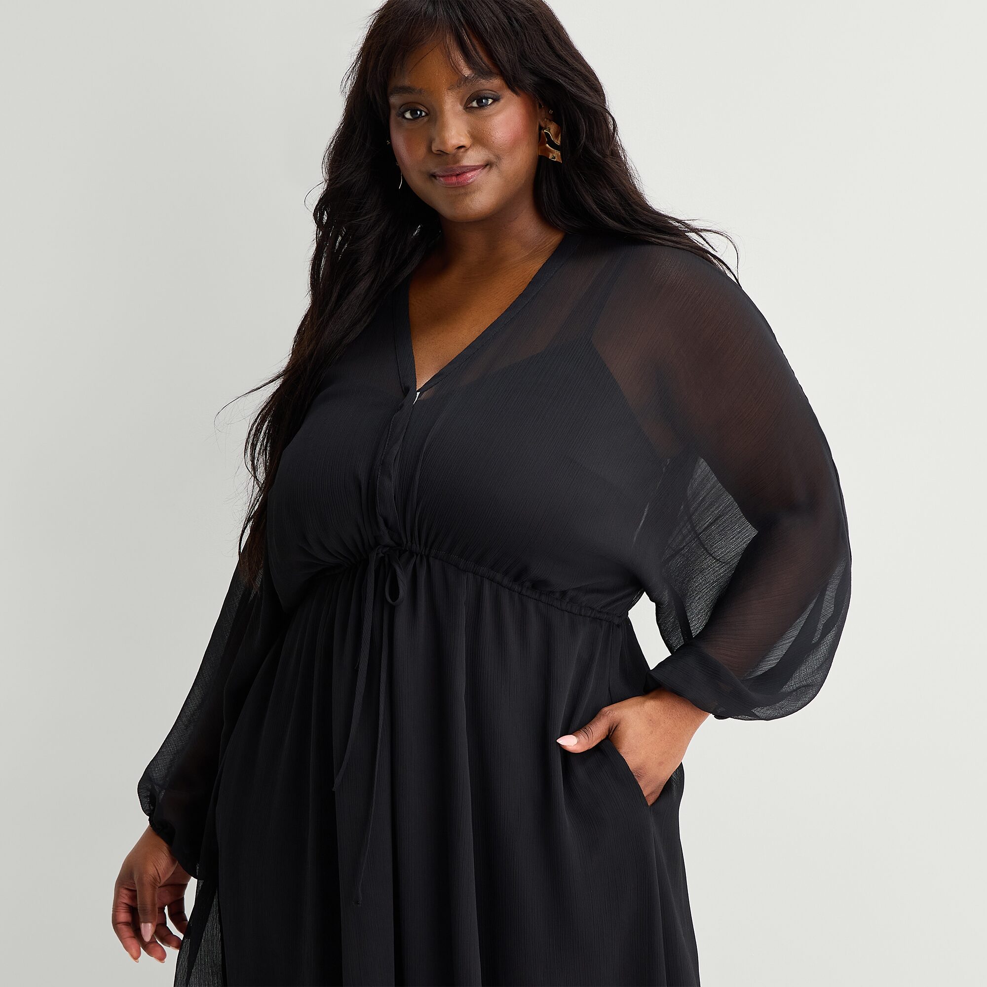 Premier Amour Womens Plus V Neck Long Sleeve Puffed Maxi Dress