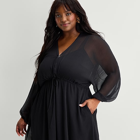 Premier Amour Womens Plus V Neck Long Sleeve Puffed Chiffon Maxi Dress