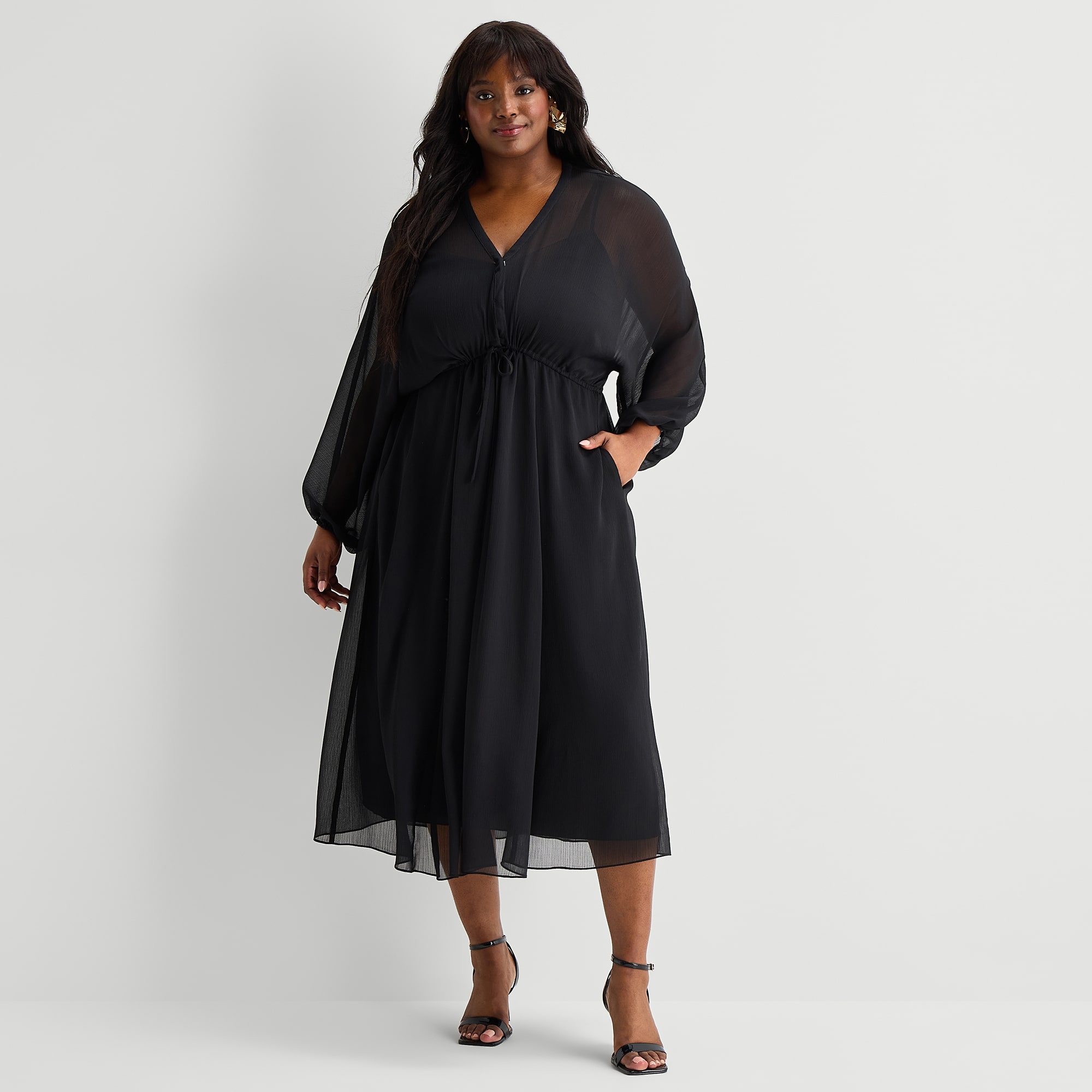 Premier Amour Womens Plus V Neck Long Sleeve Puffed Maxi Dress