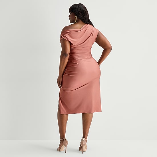 Premier Amour Womens Plus Midi Asymmetrical Neck Sleeveless Sheath Dress