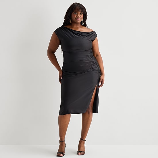 Premier Amour Womens Plus Midi Asymmetrical Neck Sleeveless Floral Sheath Dress