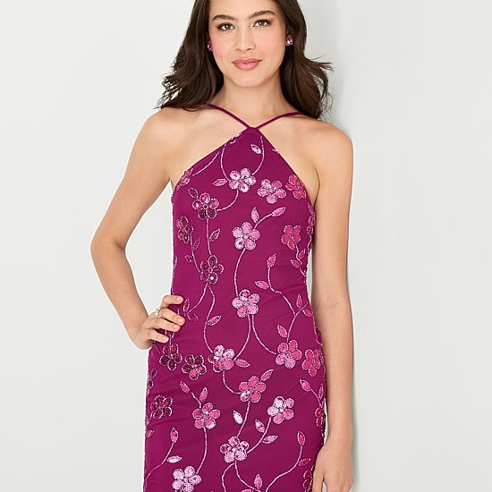 City Triangle Womens Juniors Halter Neck Sleeveless Embellished Embroidered Partially Lined Bodycon Dress