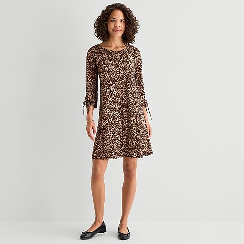 Msk Womens Round Neck 3/4 Sleeve Animal Shift Dress In Brown