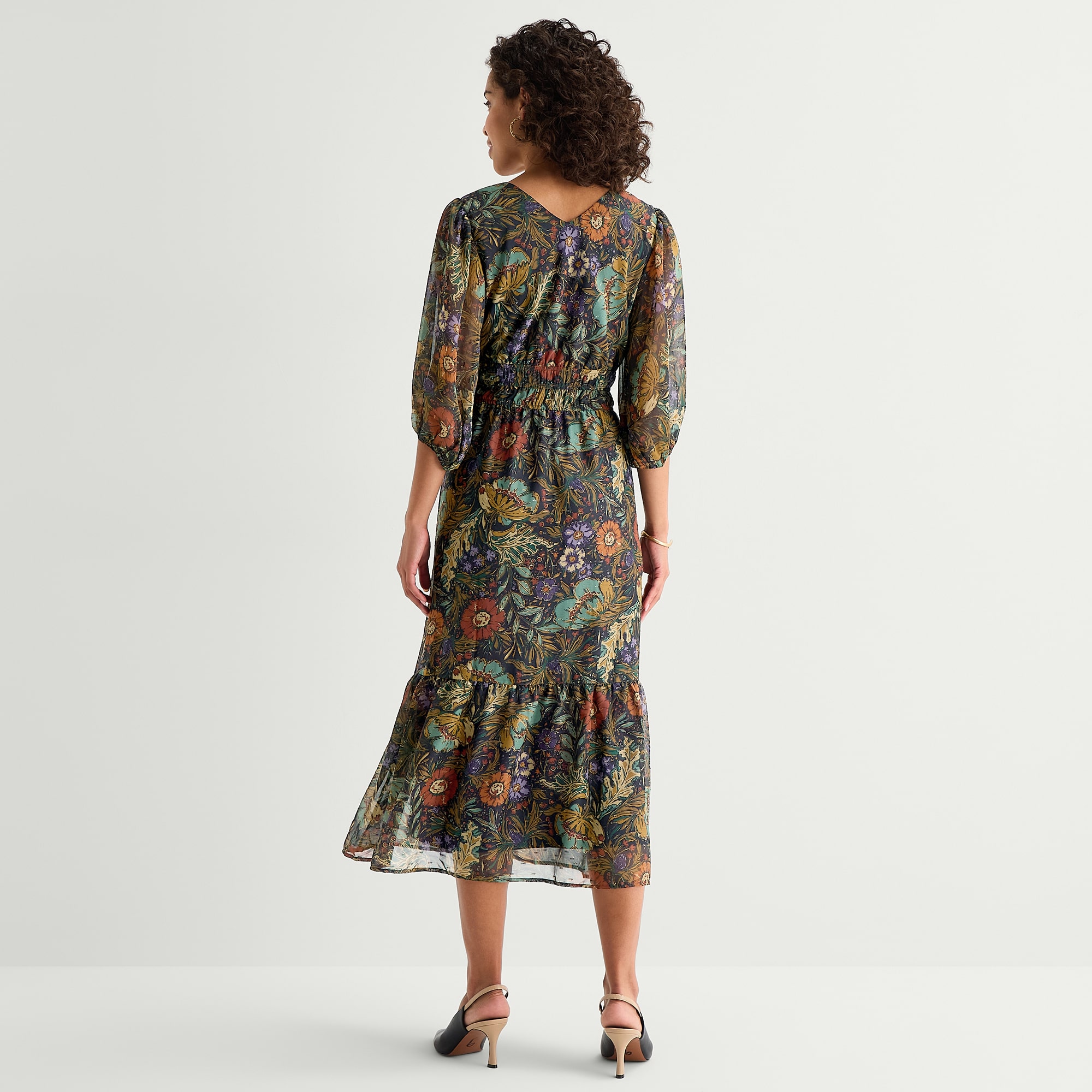 Rabbit Design Womens Midi V Neck 3/4 Sleeve Puffed Floral Fit + Flare Dress