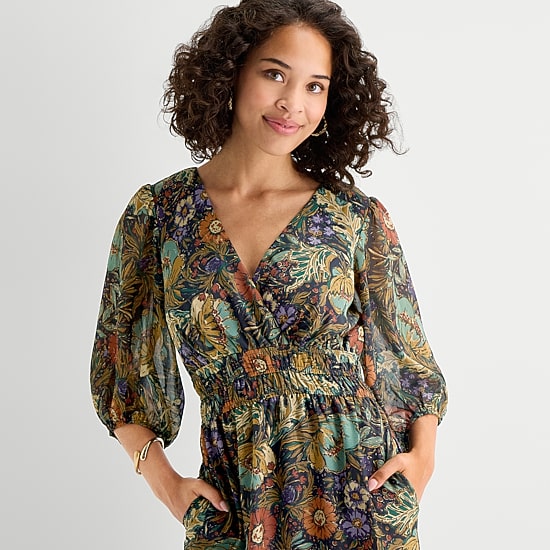 Rabbit Rabbit Rabbit Design Womens Midi V Neck 3/4 Sleeve Puffed Floral Fit + Flare Dress
