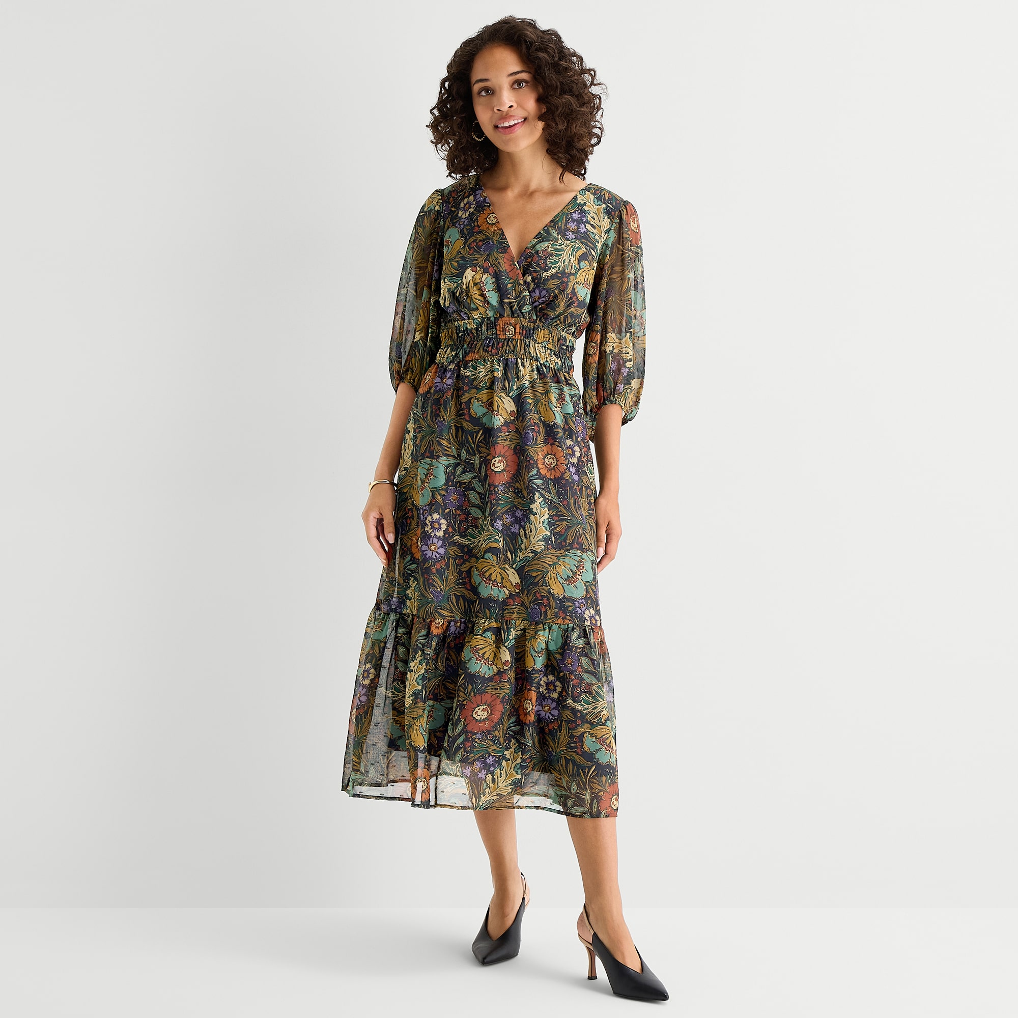 Rabbit Design Womens Midi V Neck 3/4 Sleeve Puffed Floral Fit + Flare Dress