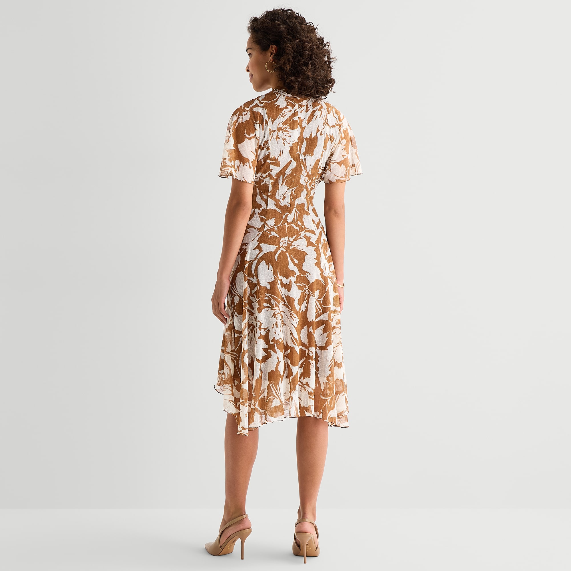 Rabbit Design Womens Midi V Neck Short Sleeve Flutter Floral Fit + Flare Dress