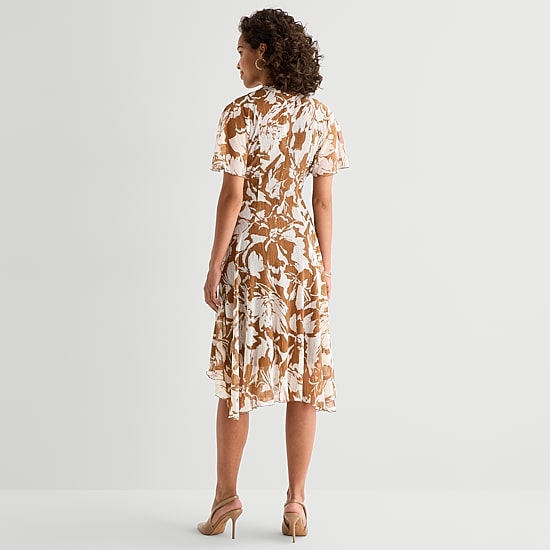 Rabbit Rabbit Rabbit Design Womens Midi V Neck Short Sleeve Flutter Floral Fit + Flare Dress