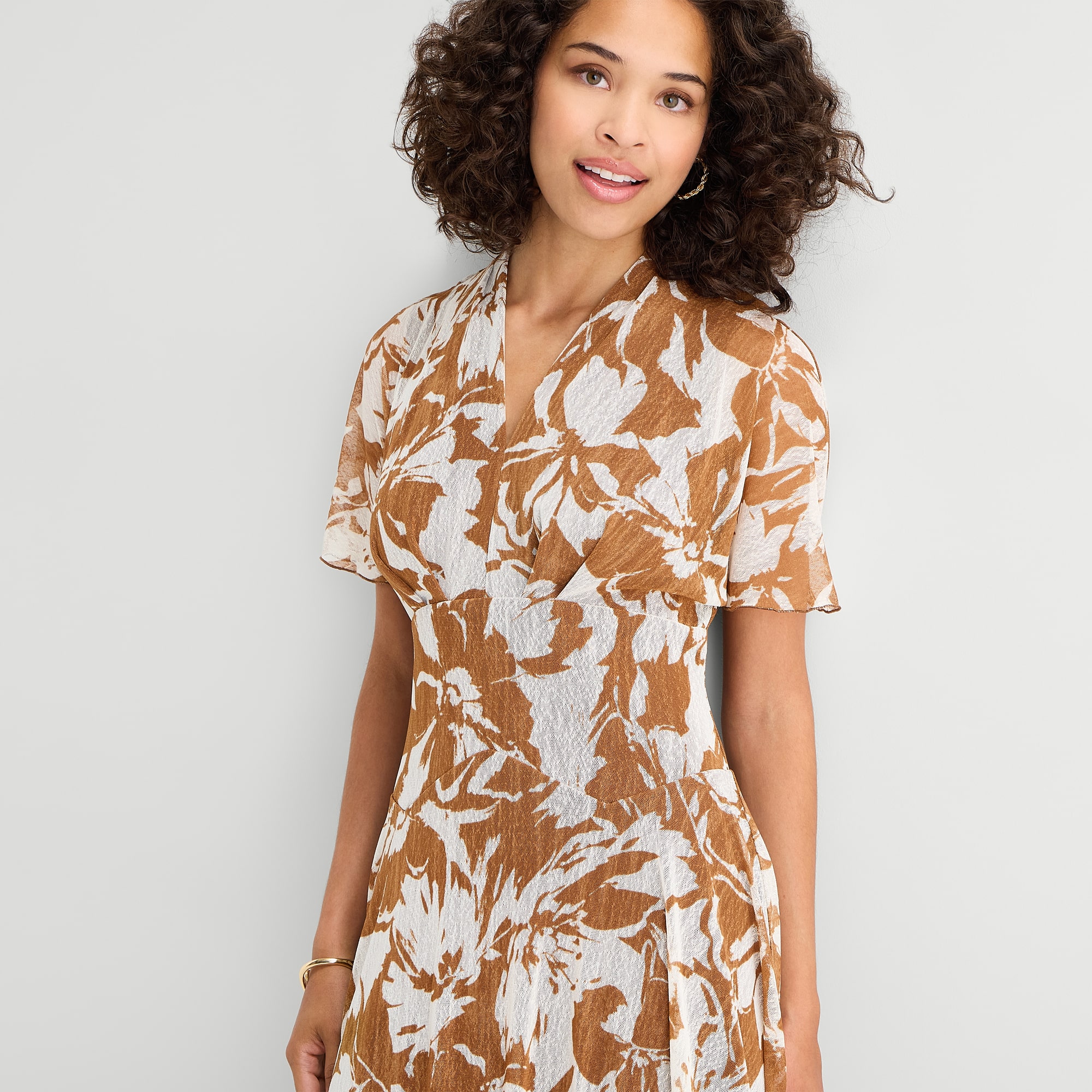 Rabbit Design Womens Midi V Neck Short Sleeve Flutter Floral Fit + Flare Dress