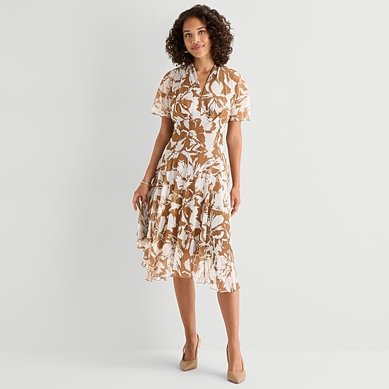 Rabbit Rabbit Rabbit Design Womens Midi V Neck Short Sleeve Flutter Floral Fit + Flare Dress