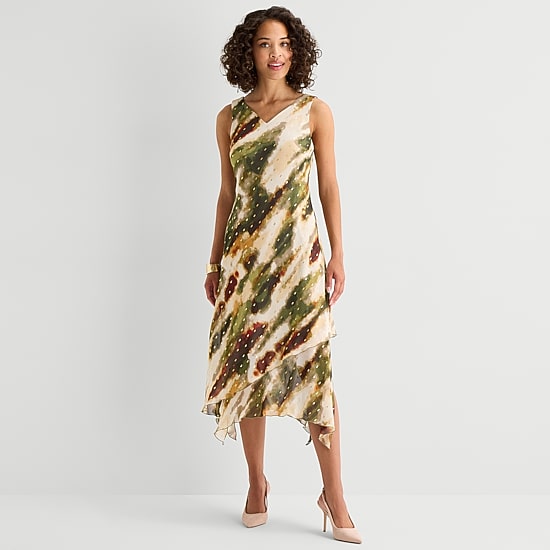 Rabbit Rabbit Rabbit Design Womens V Neck Sleeveless Abstract Shift Dress, Color: Olive