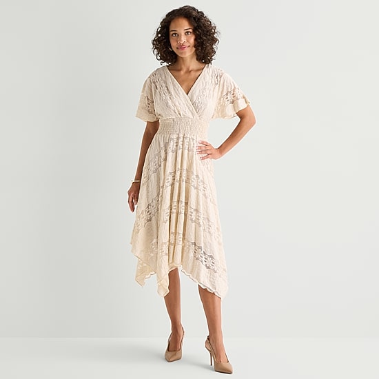 Rabbit Rabbit Rabbit Design Womens Midi V Neck Short Sleeve Flutter Fit + Flare Dress