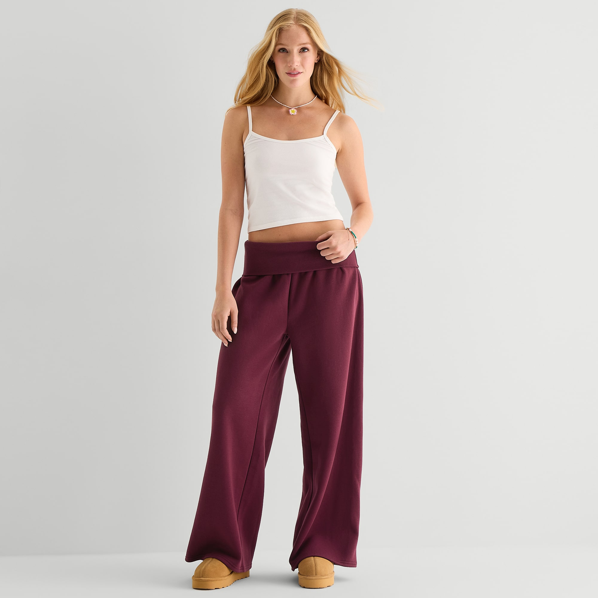Forever 21 Womens Juniors Wide Leg Mid Rise Fleece Sweatpant