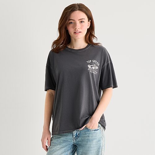 Arizona Womens Juniors Round Neck Short Sleeve Oversized Graphic T-Shirt, Medium, Black
