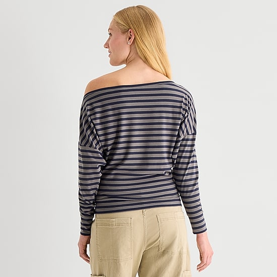 Arizona Womens Juniors Asymmetrical Neck Long Sleeve Blouse
