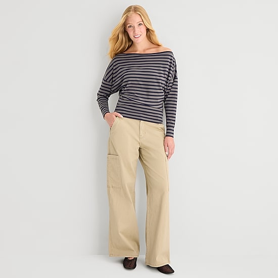 Arizona Womens Juniors Asymmetrical Neck Long Sleeve Blouse