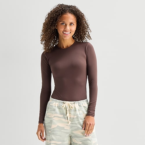 Arizona Womens Juniors Round Neck Long Sleeve Bodysuit In Brown