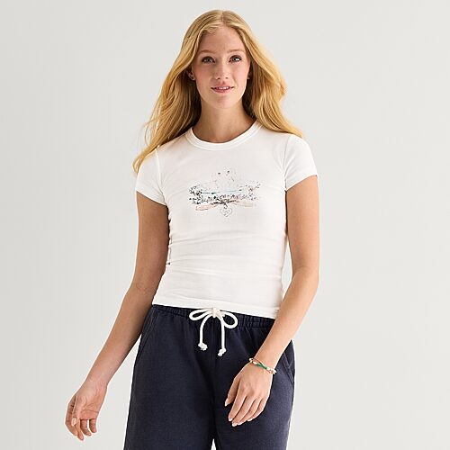 Arizona Womens Juniors Crew Neck Short Sleeve Regular Fit Graphic T-shirt In White