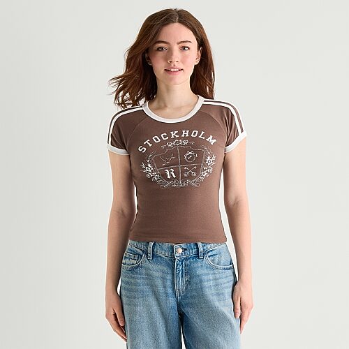 Arizona Womens Juniors Crew Neck Short Sleeve Regular Fit Graphic T-shirt In Brown