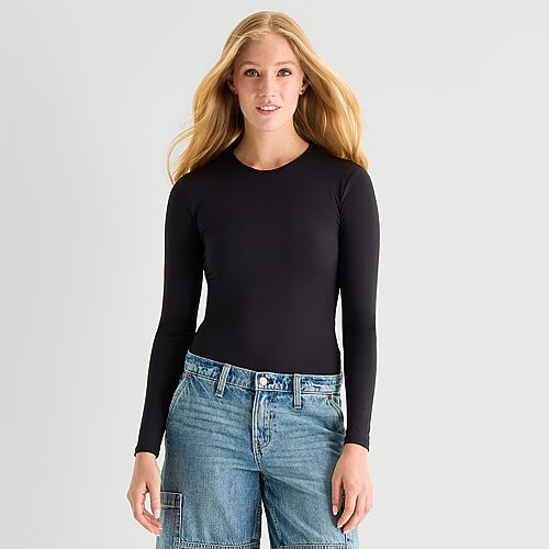 Arizona Womens Juniors Round Neck Long Sleeve Bodysuit In Black