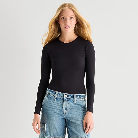 Arizona Womens Juniors Round Neck Long Sleeve Bodysuit