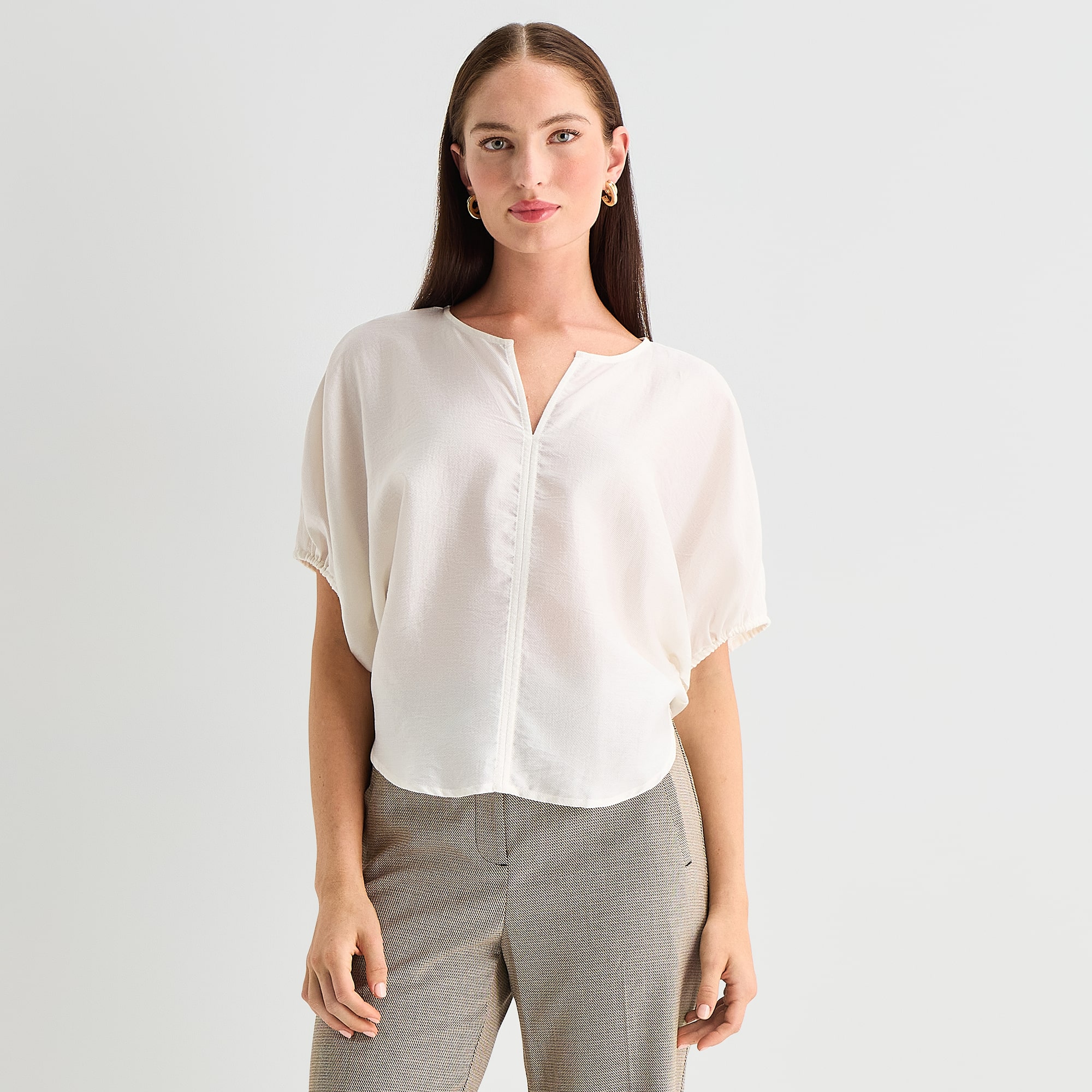 Worthington Womens Split Crew Neck Elbow Sleeve Blouse