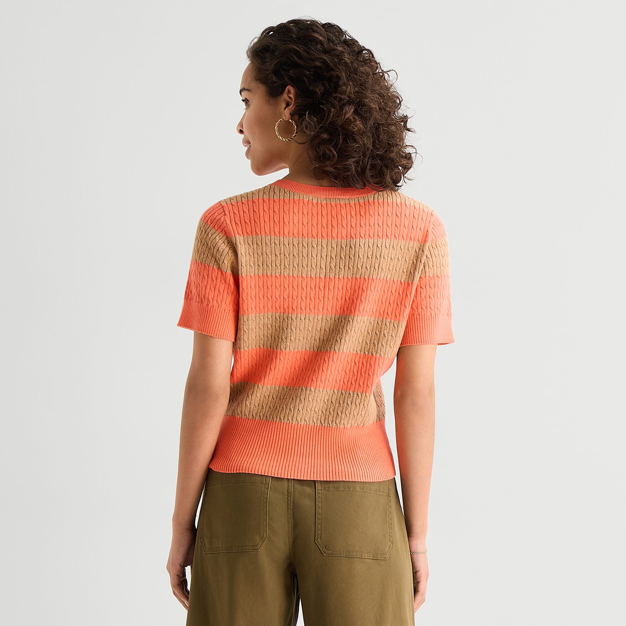 St. John's Bay Womens Split Crew Neck Short Sleeve Button Striped Cable Knit Cardigan