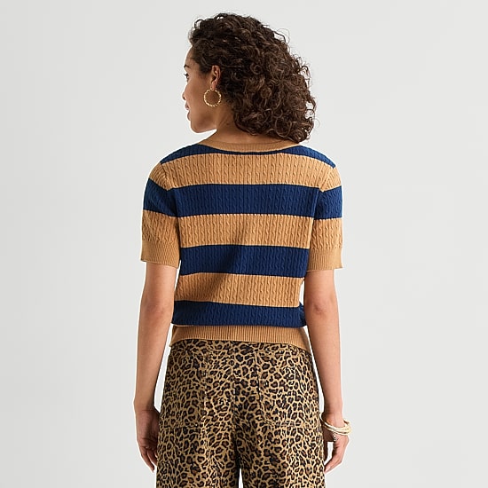 St. John's Bay Womens Crew Neck Short Sleeve Button Striped Cable Knit Cardigan