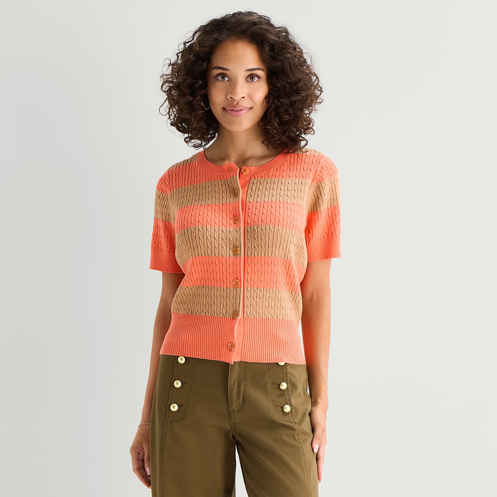 St. John's Bay Womens Split Crew Neck Short Sleeve Button Striped Cable Knit Cardigan