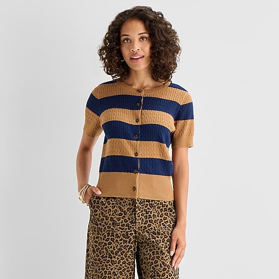St. John's Bay Womens Crew Neck Short Sleeve Button Striped Cable Knit Cardigan