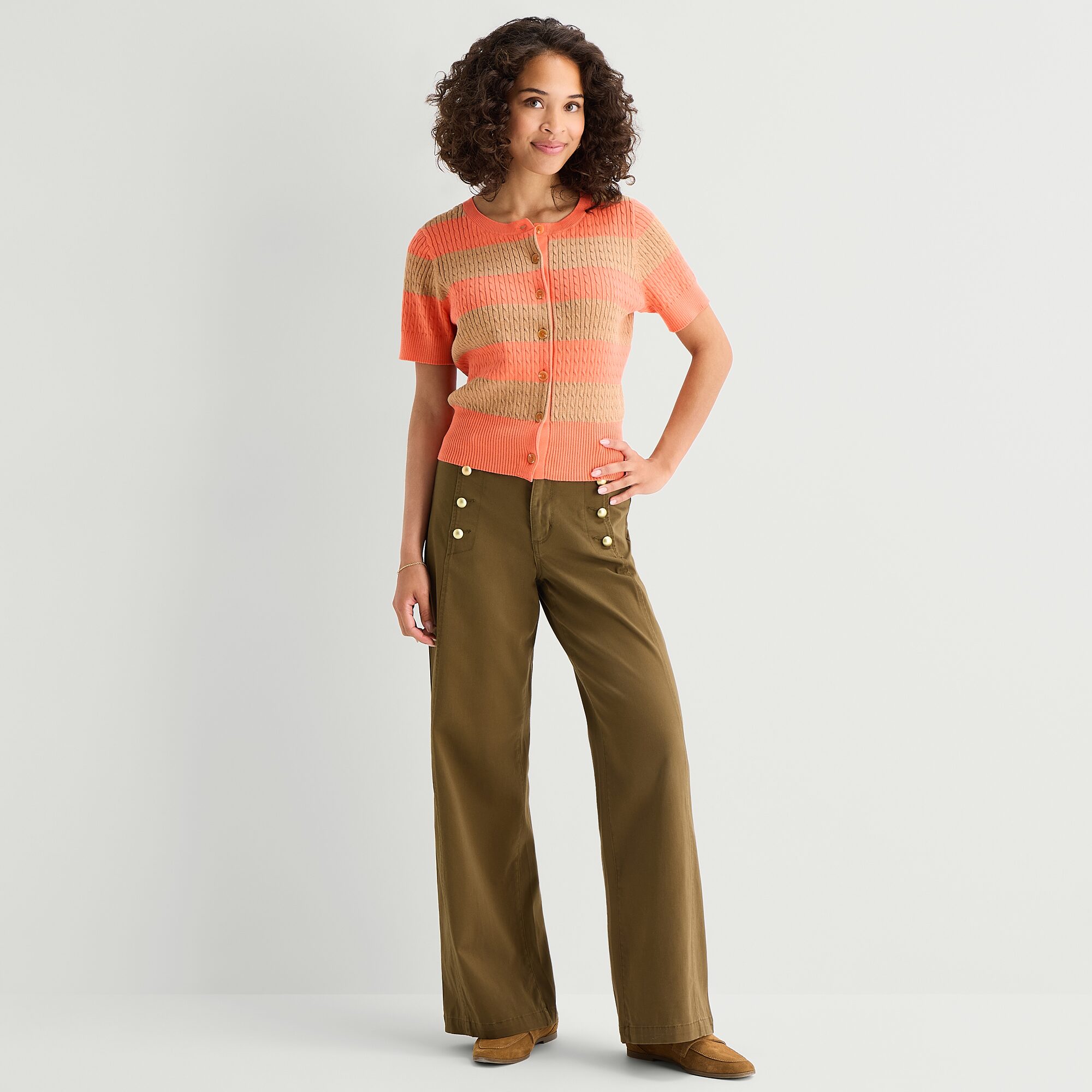 St. John's Bay Womens Split Crew Neck Short Sleeve Button Striped Cable Knit Cardigan
