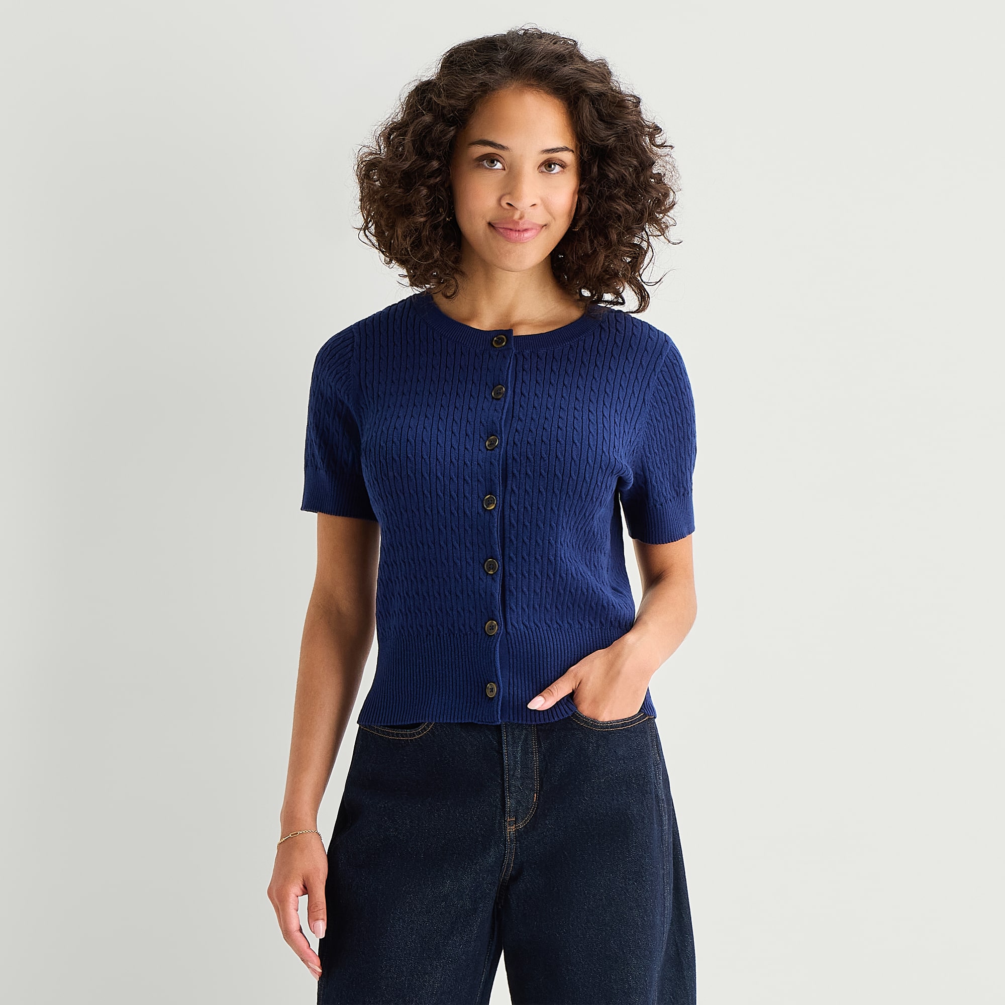 St. John's Bay Womens Crew Neck Short Sleeve Button Striped Cable Knit Cardigan