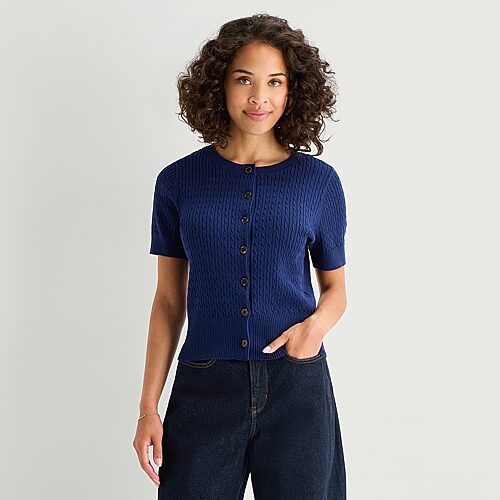 St. John's Bay Womens Crew Neck Short Sleeve Button Striped Cable Knit Cardigan, Petite Xx-large, Blue