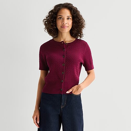 St. John's Bay Womens Crew Neck Short Sleeve Button Striped Cable Knit Cardigan In Red