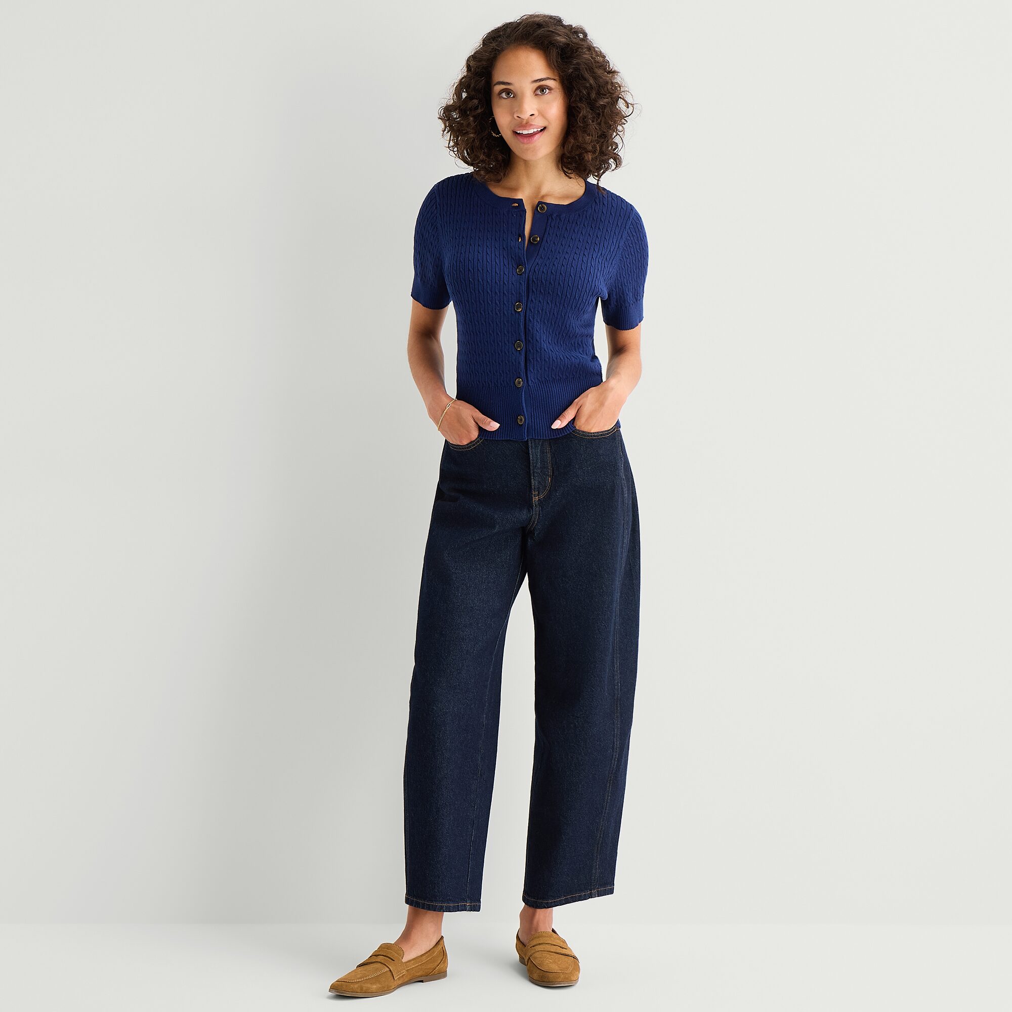 St. John's Bay Womens Crew Neck Short Sleeve Button Striped Cable Knit Cardigan