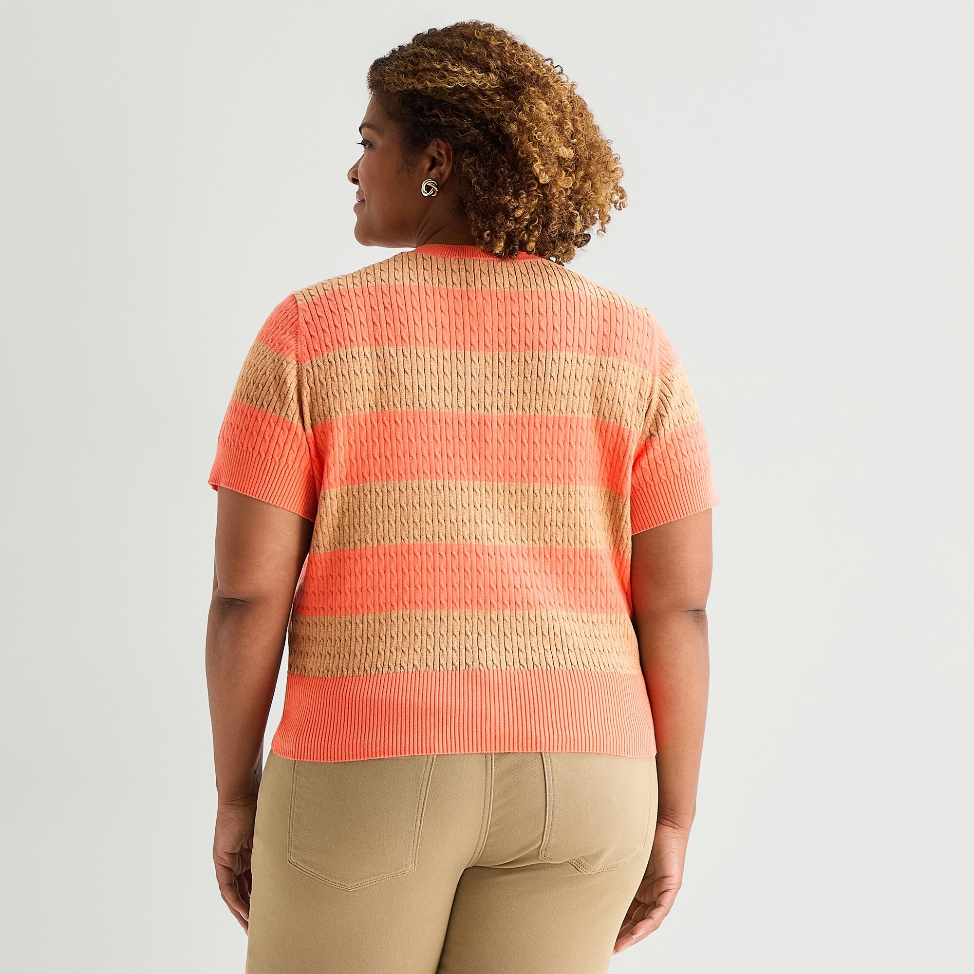 St. John's Bay Womens Split Crew Neck Short Sleeve Button Plus Striped Cable Knit Cardigan