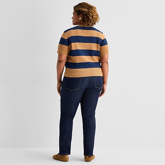 St. John's Bay Womens Crew Neck Short Sleeve Button Plus Striped Cable Knit Cardigan