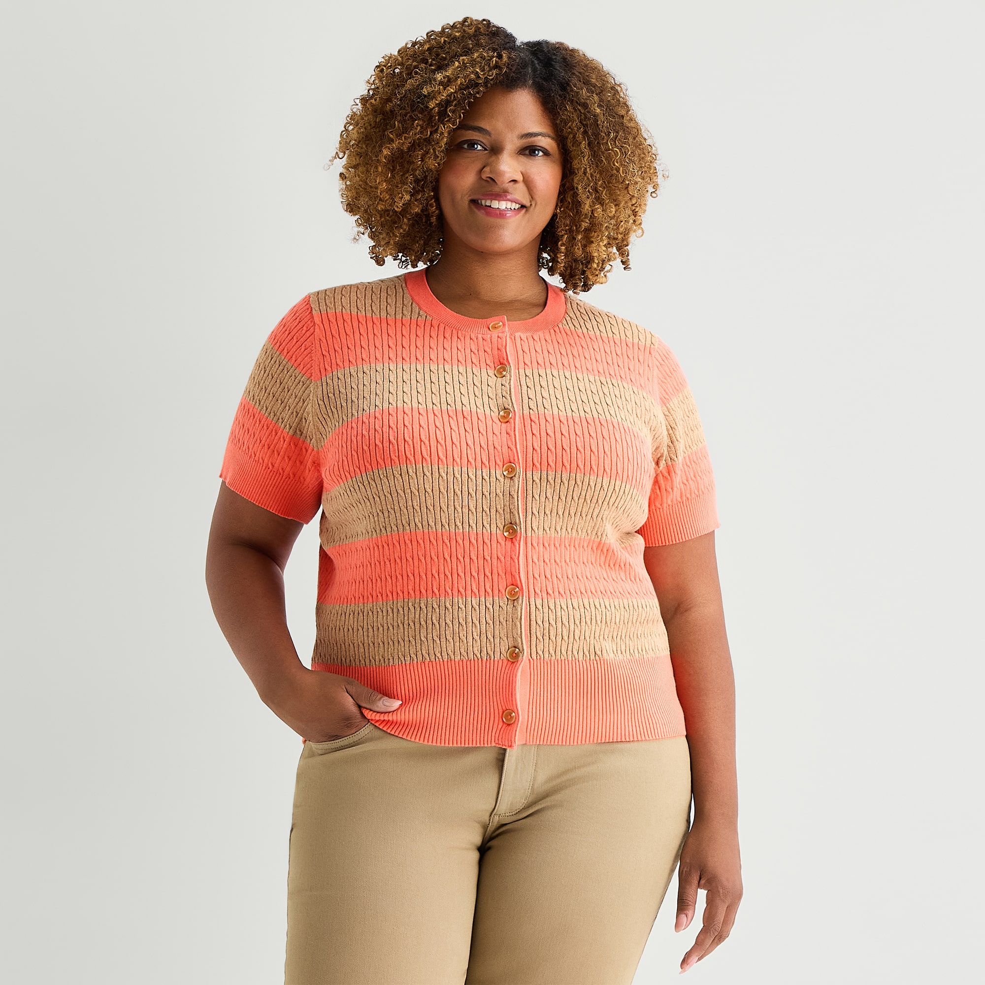 St. John's Bay Womens Split Crew Neck Short Sleeve Button Plus Striped Cable Knit Cardigan